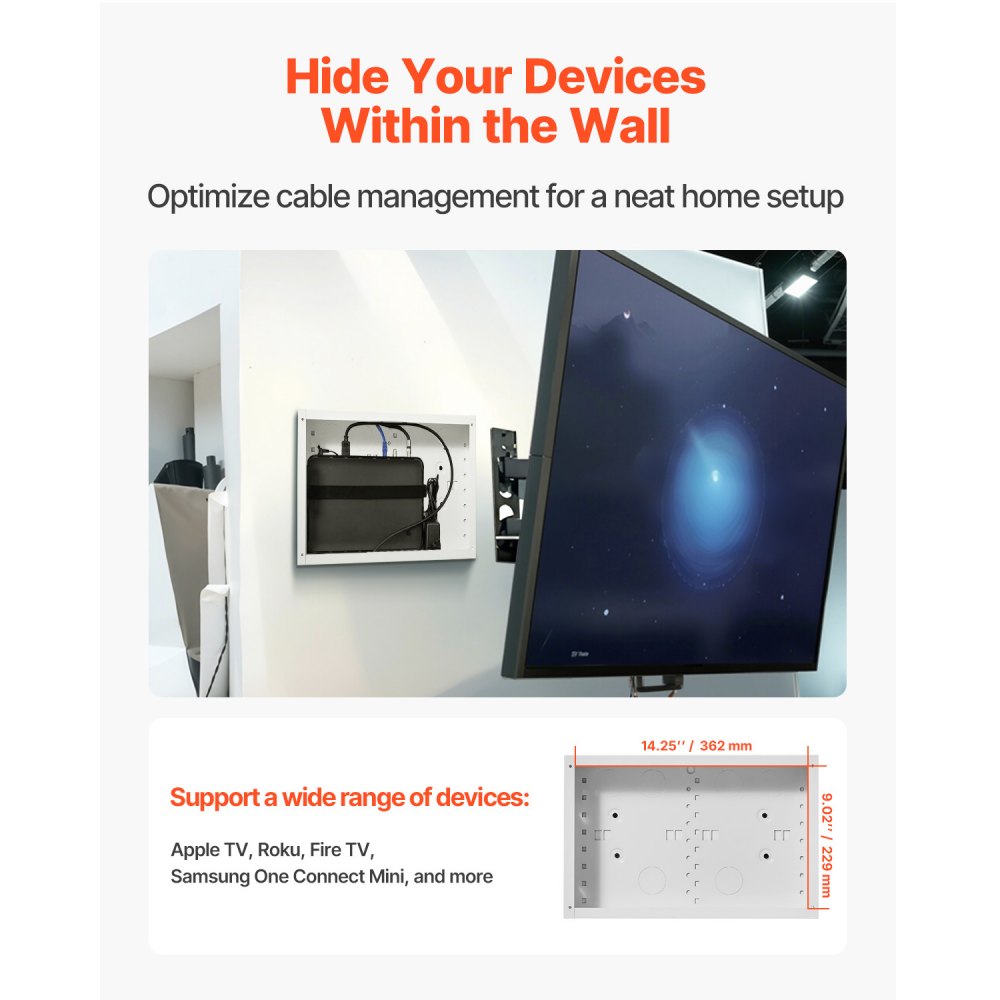 VEVOR Structured Media Enclosure, 9-Inch, Recessed in-Wall Media Box with Cover, Wall-Mount Cable Management Box Kit