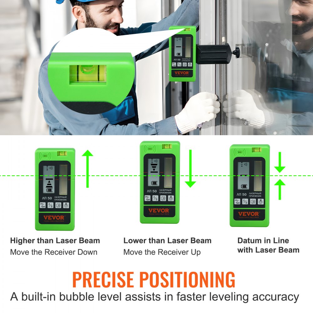 VEVOR Laser Receiver, 197 ft Working Range, Green Laser and Red Beam Detector for Pulsing Line Lasers, Customizable