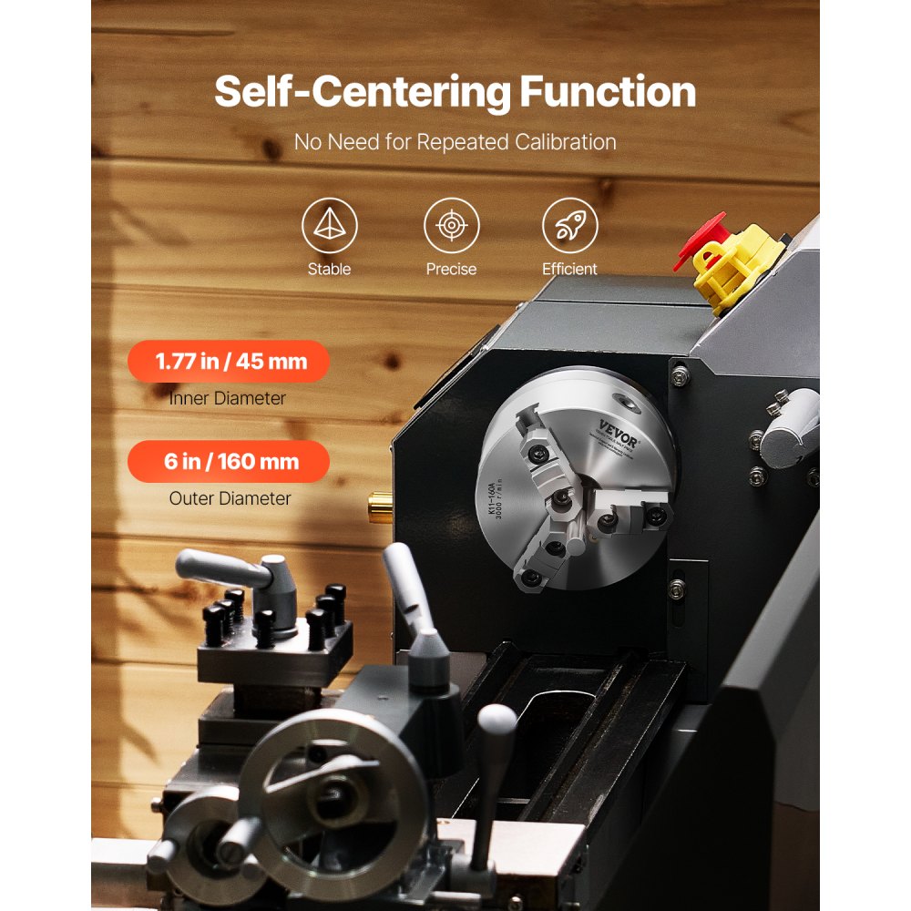 VEVOR 3-Jaw Lathe Chuck, 6 Inch (160 mm), Self-Centering Chuck with 1 1/2 in-8 Threaded Backing Plate, 0.12-5.71 in