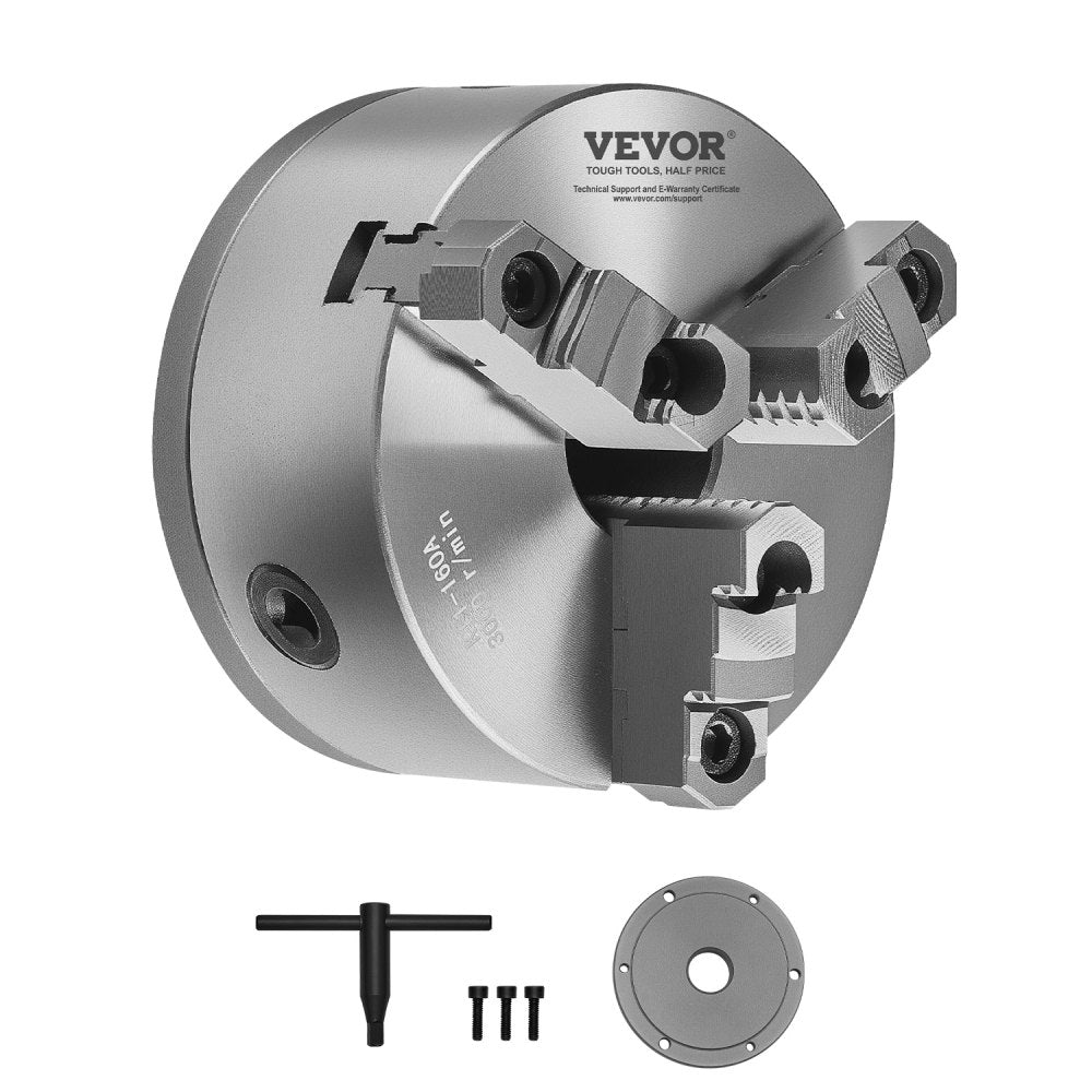 VEVOR 3-Jaw Lathe Chuck, 6 Inch (160 mm), Self-Centering Chuck with 1 1/2 in-8 Threaded Backing Plate, 0.12-5.71 in