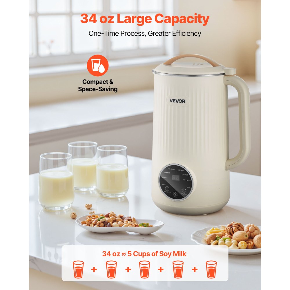 VEVOR 8-in-1 Nut Milk Maker, 34 oz Soy Milk Maker with 180W Blending, for Homemade Oat, Nut, Soy, Juice, Milkshake