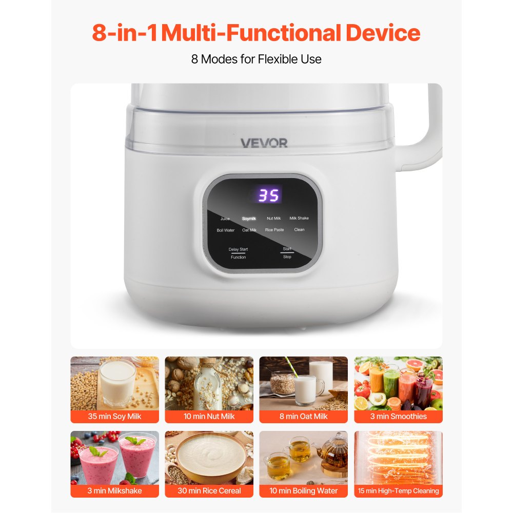 VEVOR 8-in-1 Nut Milk Maker, 34 oz Soy Milk Maker with 200W Blending, for Homemade Oat, Nut, Soy, Juice, Milkshake