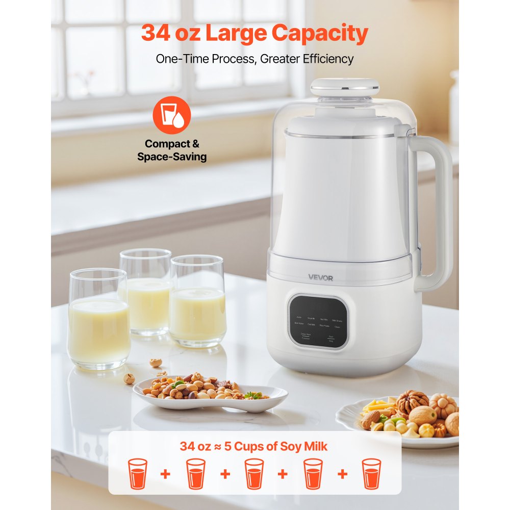VEVOR 8-in-1 Nut Milk Maker, 34 oz Soy Milk Maker with 200W Blending, for Homemade Oat, Nut, Soy, Juice, Milkshake