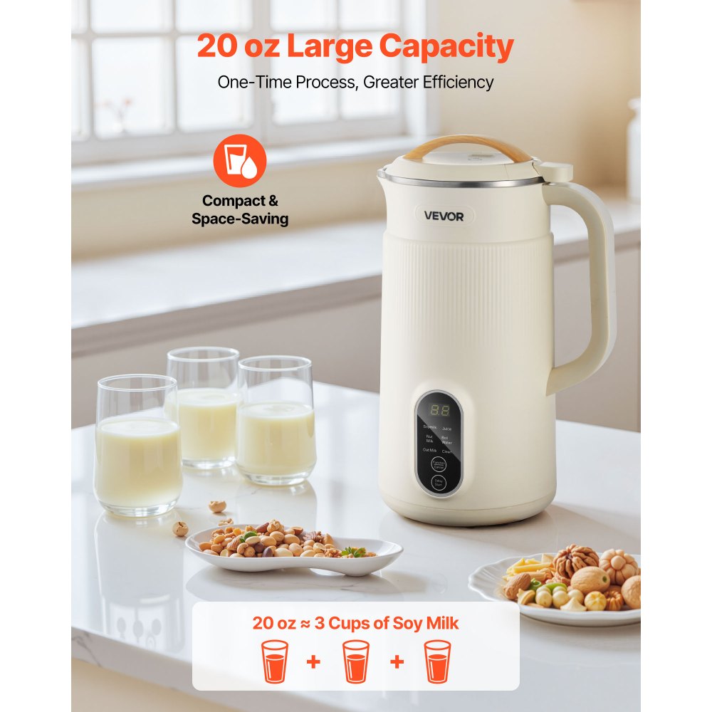 VEVOR 6-in-1 Nut Milk Maker, 20 oz Soy Milk Maker Machine with 6 Blades, for Homemade Oat, Nut, Soy, Juice, Plant-Based