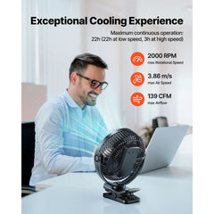 VEVOR Portable Clip Fan, Rechargeable Clip On Fan with Light, USB Port with 3 Speeds & Circulation Mode, Strong Airflow