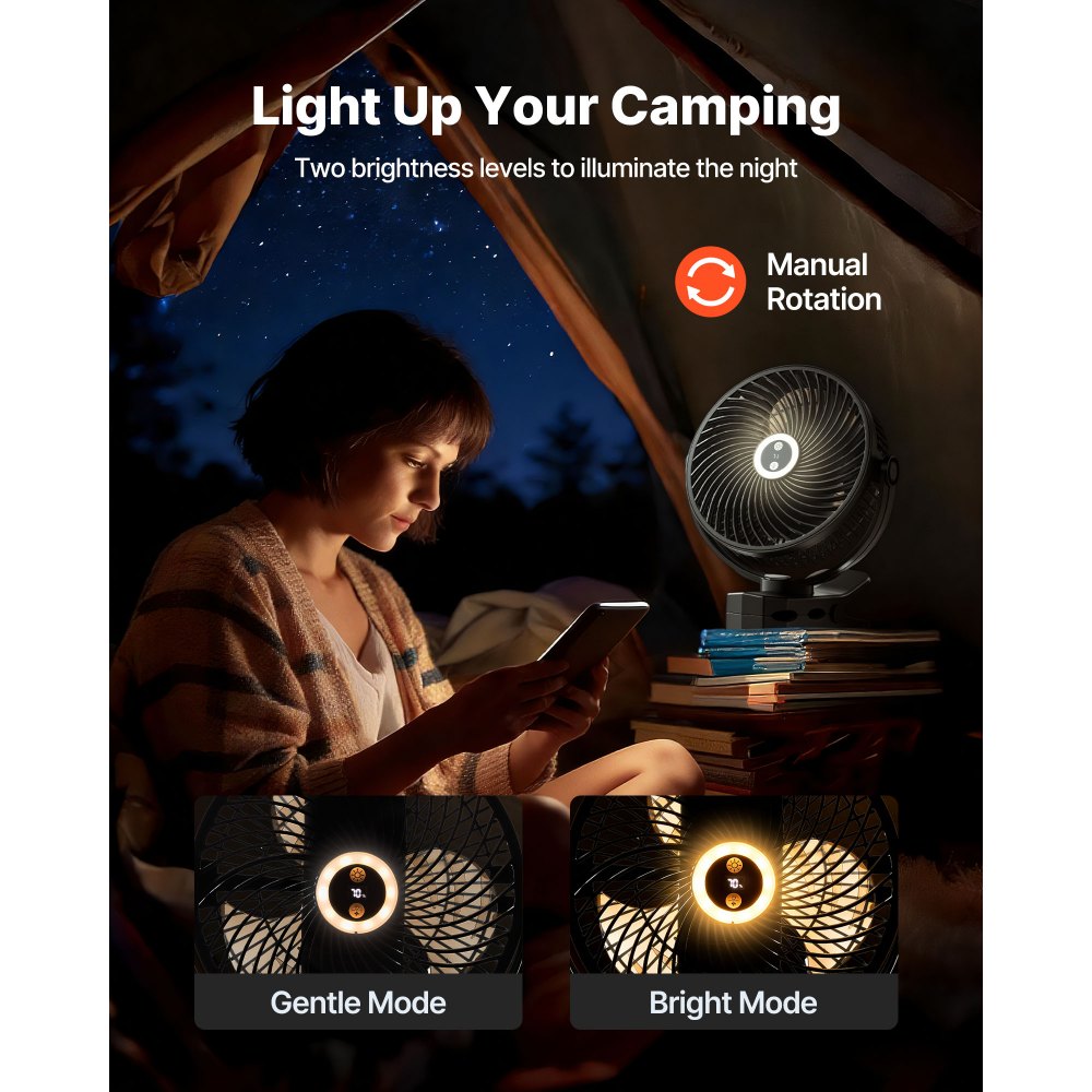 VEVOR Portable Clip Fan, Rechargeable Clip On Fan with Light, USB Port with 3 Speeds & Circulation Mode, Strong Airflow