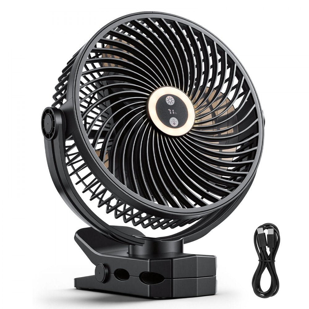 VEVOR Portable Clip Fan, Rechargeable Clip On Fan with Light, USB Port with 3 Speeds & Circulation Mode, Strong Airflow