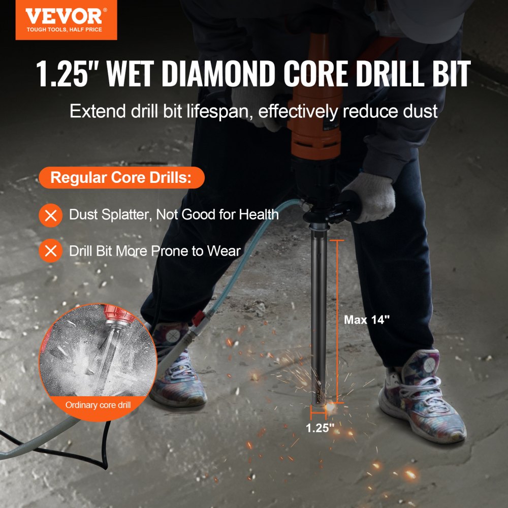VEVOR Core Drill Bit, 1-1/4" Wet Diamond Core Drill Bits, 14" Drilling Depth Concrete Core Drill Bit, 5/8"-11 Inner