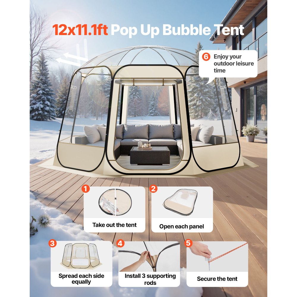 VEVOR Pop up Bubble Tent, 12 x 11.1 ft Waterproof & UV-Resistant, Clear Camping Tent Shelter, Outdoor Garden Dome Igloo