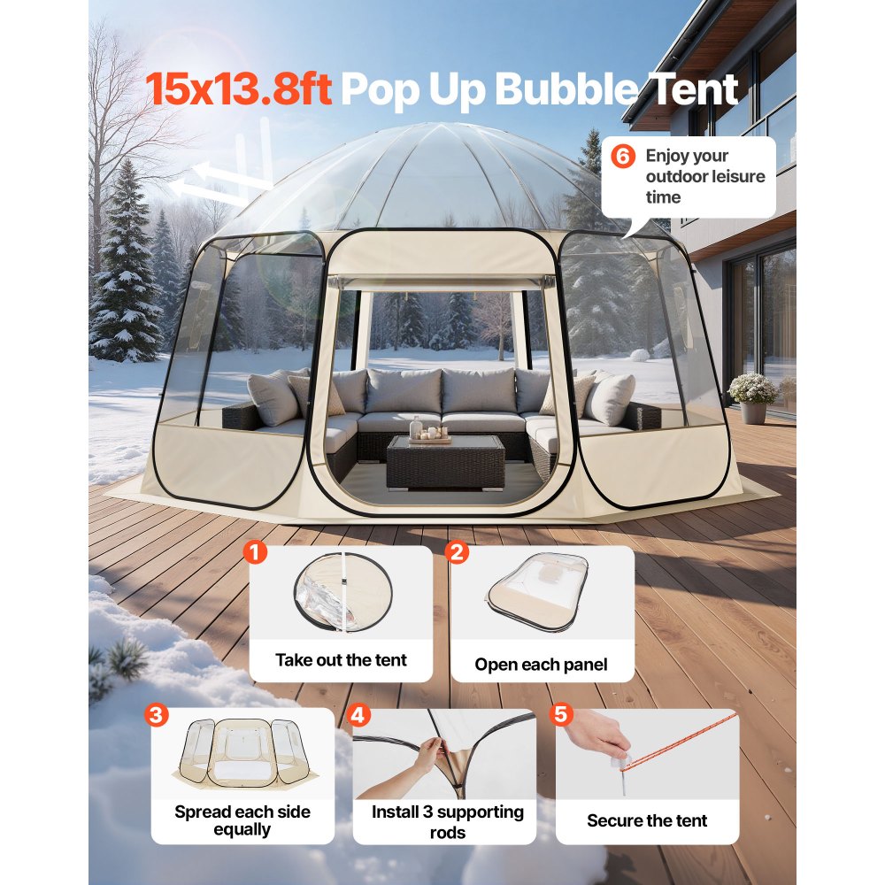VEVOR Pop up Bubble Tent, 15 x 13.8 ft Waterproof & UV-Resistant, Clear Camping Tent Shelter, Outdoor Garden Dome Igloo