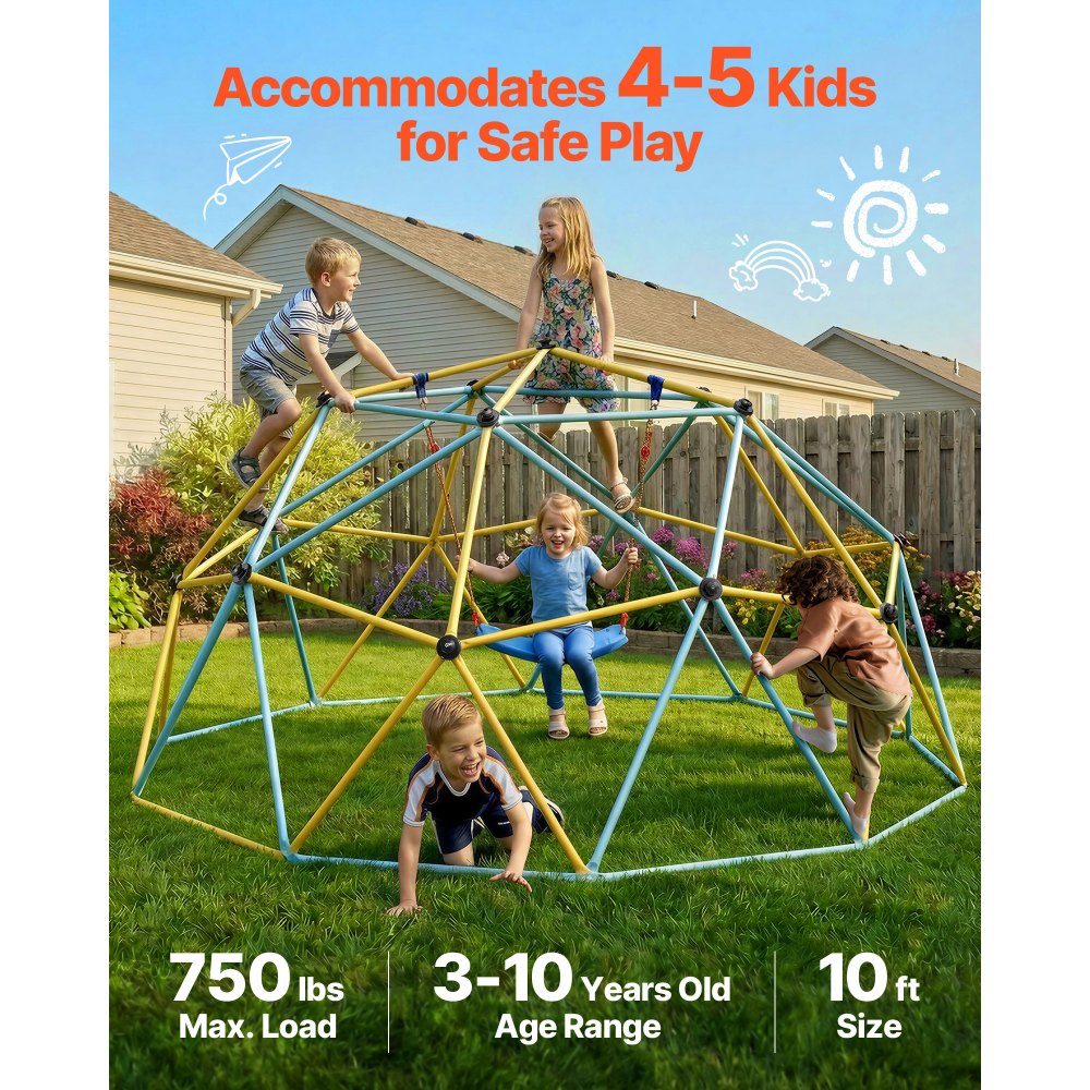VEVOR Climbing Dome, for Kids 3 to 10 Years Old,10FT Geometric Dome Climber with Hammock and Swing, Jungle Gym Supports