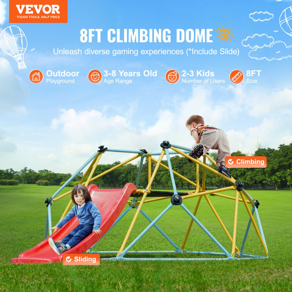 VEVOR Climbing Dome, for Kids 3 to 9 Years Old, 8FT Geometric Dome Climber with Slide,Jungle Gym Supports 600LBS and