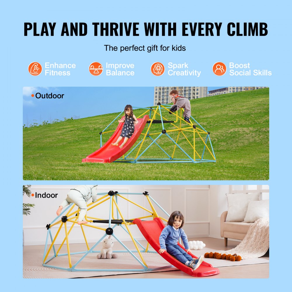 VEVOR Climbing Dome, for Kids 3 to 9 Years Old, 8FT Geometric Dome Climber with Slide,Jungle Gym Supports 600LBS and