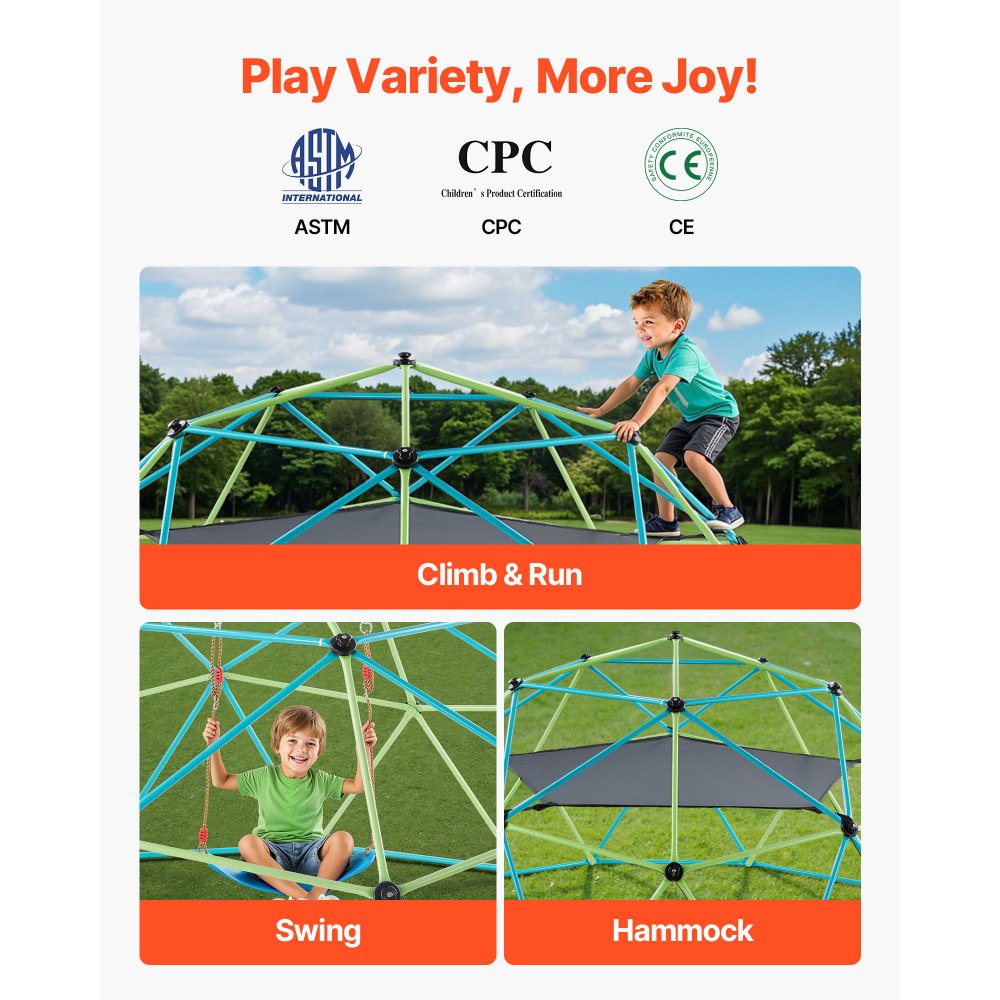 VEVOR Climbing Dome, 10FT Geometric Dome Climber with Swing & Hammock, 1000LBS Loading Kid's Jungle Gym Playground