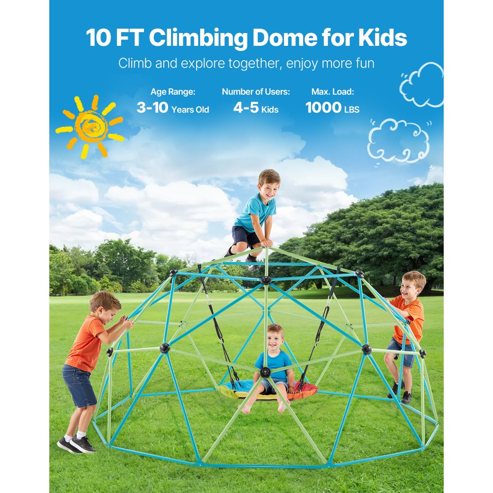 VEVOR Climbing Dome, 10FT Geometric Dome Climber with Saucer Swing, 1000LBS Loading Kid's Jungle Gym Playground