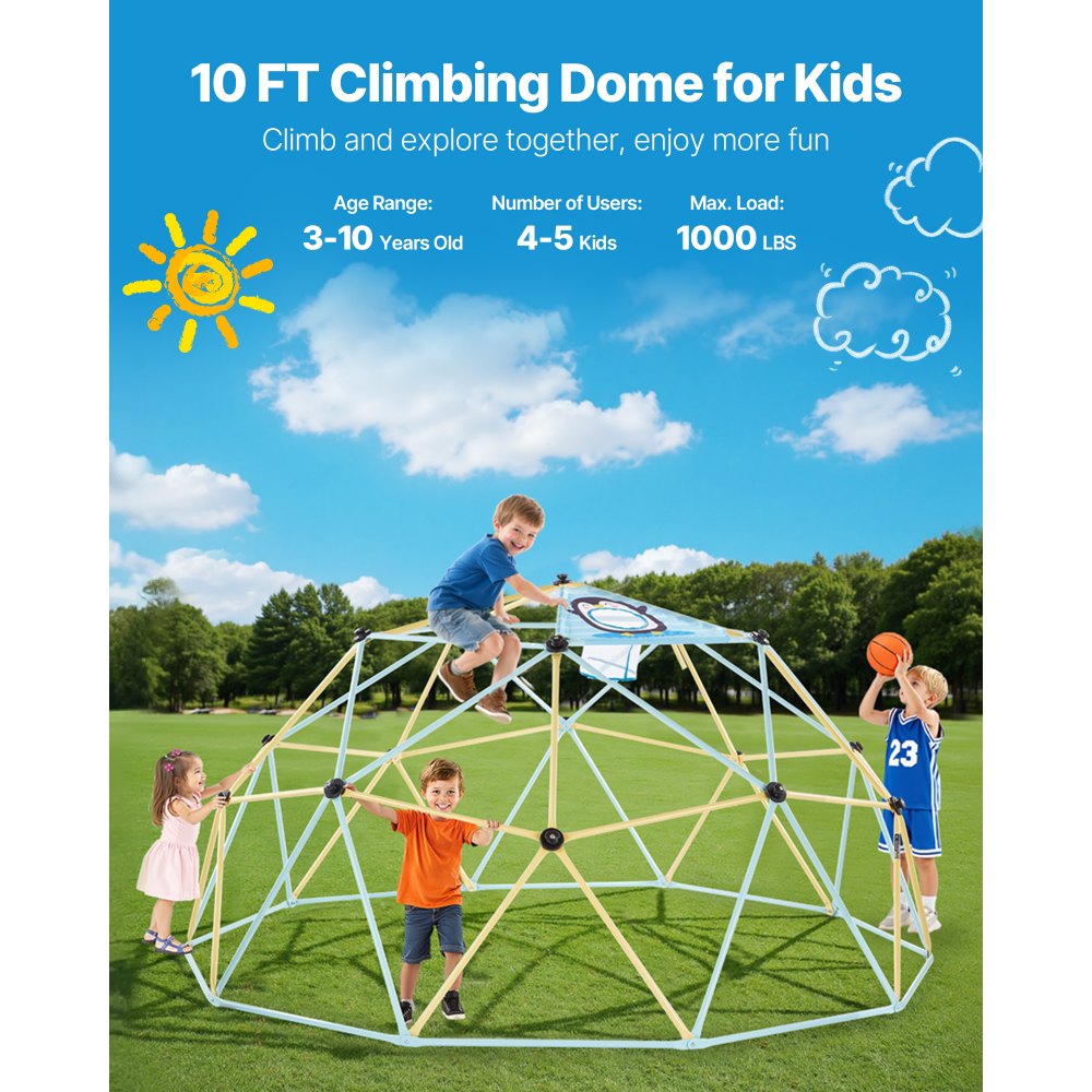 VEVOR Climbing Dome, 10FT Geometric Dome Climber, 1000LBS Loading Jungle Gym Playground with 2 Basketballs & Octopus