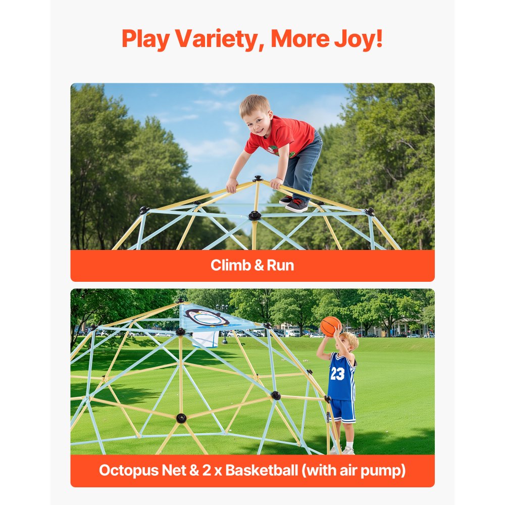 VEVOR Climbing Dome, 10FT Geometric Dome Climber, 1000LBS Loading Jungle Gym Playground with 2 Basketballs & Octopus