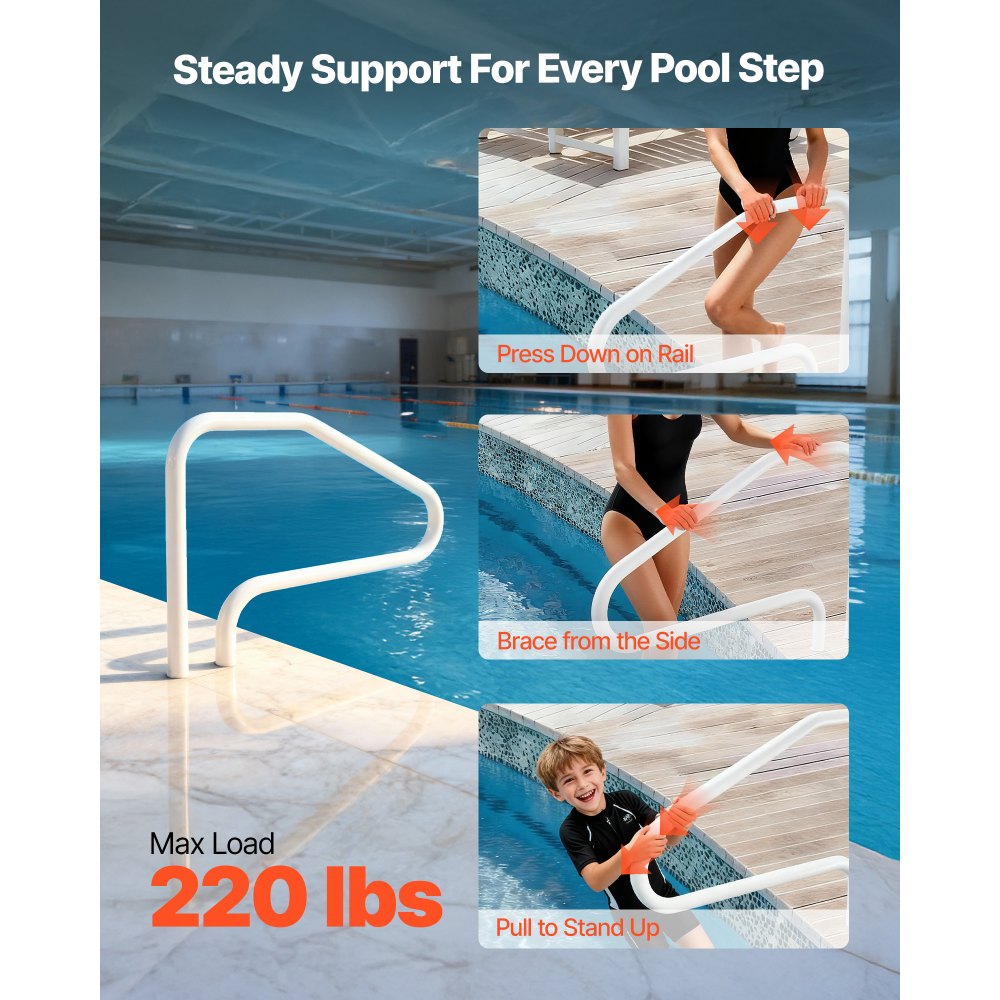VEVOR Pool Rail, 48 x 32 inch Pool Handrail, 220 lbs Load Capacity Heavy Duty Stainless Steel Swimming Handrail
