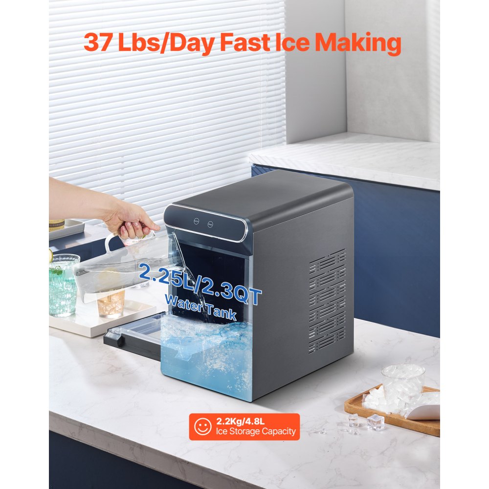 VEVOR Nugget Ice Maker, 37lbs/24H Pebble Ice Maker with Self Cleaning, Chewable Ice Maker with Ice Scoop and Basket