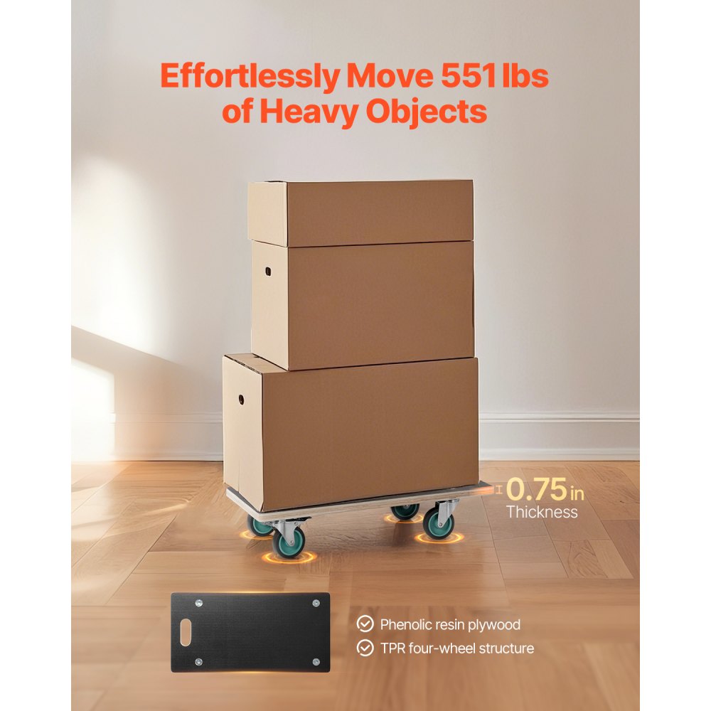 VEVOR Furniture Dolly, 551 lbs Load Capacity, Furniture Moving Dollies with 4 TPR Silent Wheels, Rectangle