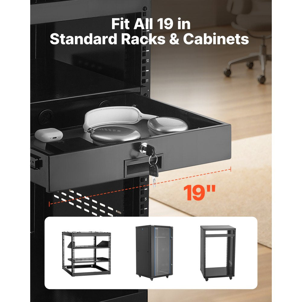 VEVOR 2U Rack Mount Drawer, 50 lbs Max Load-Bearing, Lockable Server Cabinet Case, Sliding Drawer with Lock and Cable