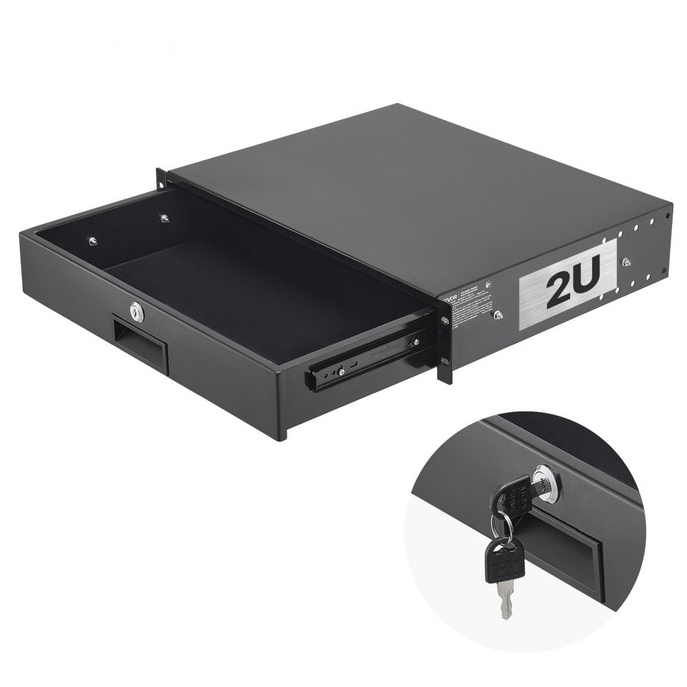 VEVOR 2U Rack Mount Drawer, 50 lbs Max Load-Bearing, Lockable Server Cabinet Case, Sliding Drawer with Lock and Cable