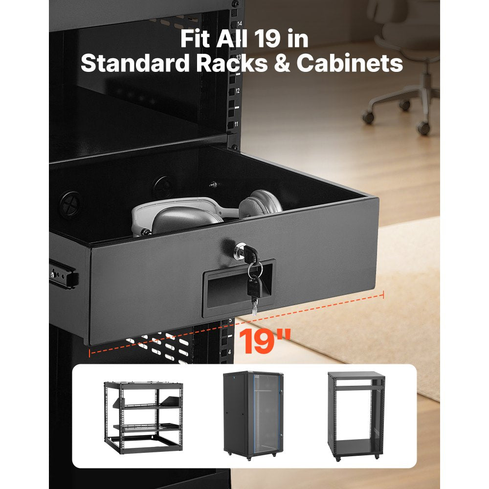 VEVOR 3U Rack Mount Drawer, 50 lbs Max Load-Bearing, Lockable Server Cabinet Case, Sliding Drawer with Lock and Cable