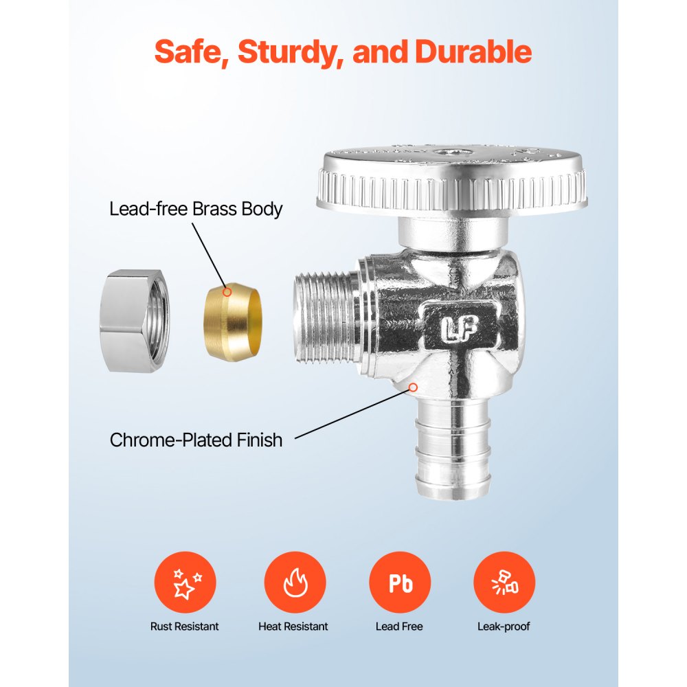 VEVOR 10 Pack Angle Stop Valve, Water Shut Off Valve 1/2" PEX x 3/8" OD Compression, 1/4 Turn Chrome Plated Brass