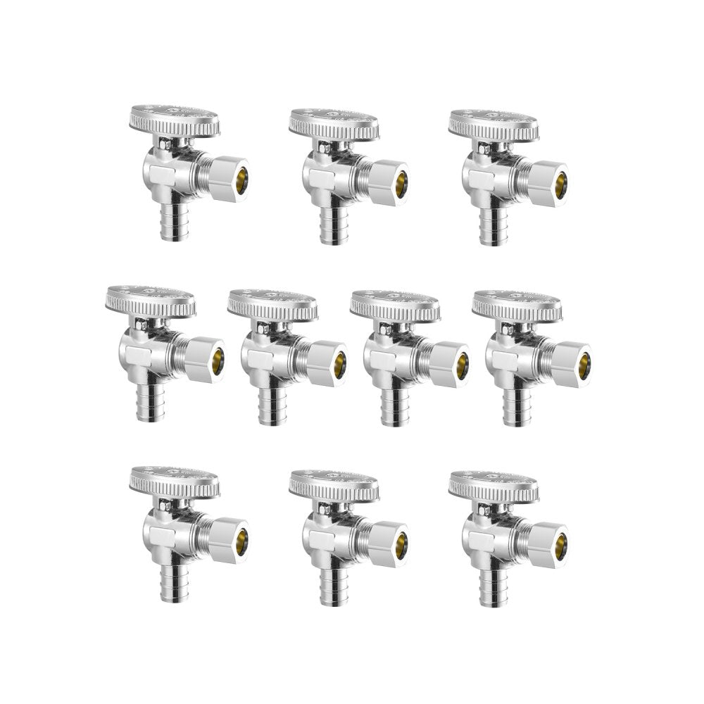 VEVOR 10 Pack Angle Stop Valve, Water Shut Off Valve 1/2" PEX x 3/8" OD Compression, 1/4 Turn Chrome Plated Brass