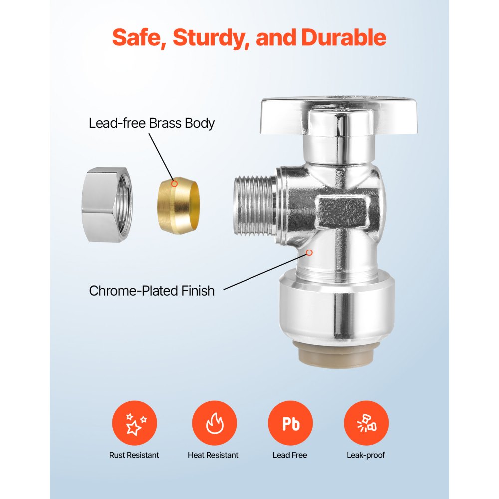 VEVOR 10 Pack Angle Stop Valve, Push-to-Connect Water Shut Off Valve 1/2" PTC x 3/8" OD Compression, 1/4 Turn Chrome
