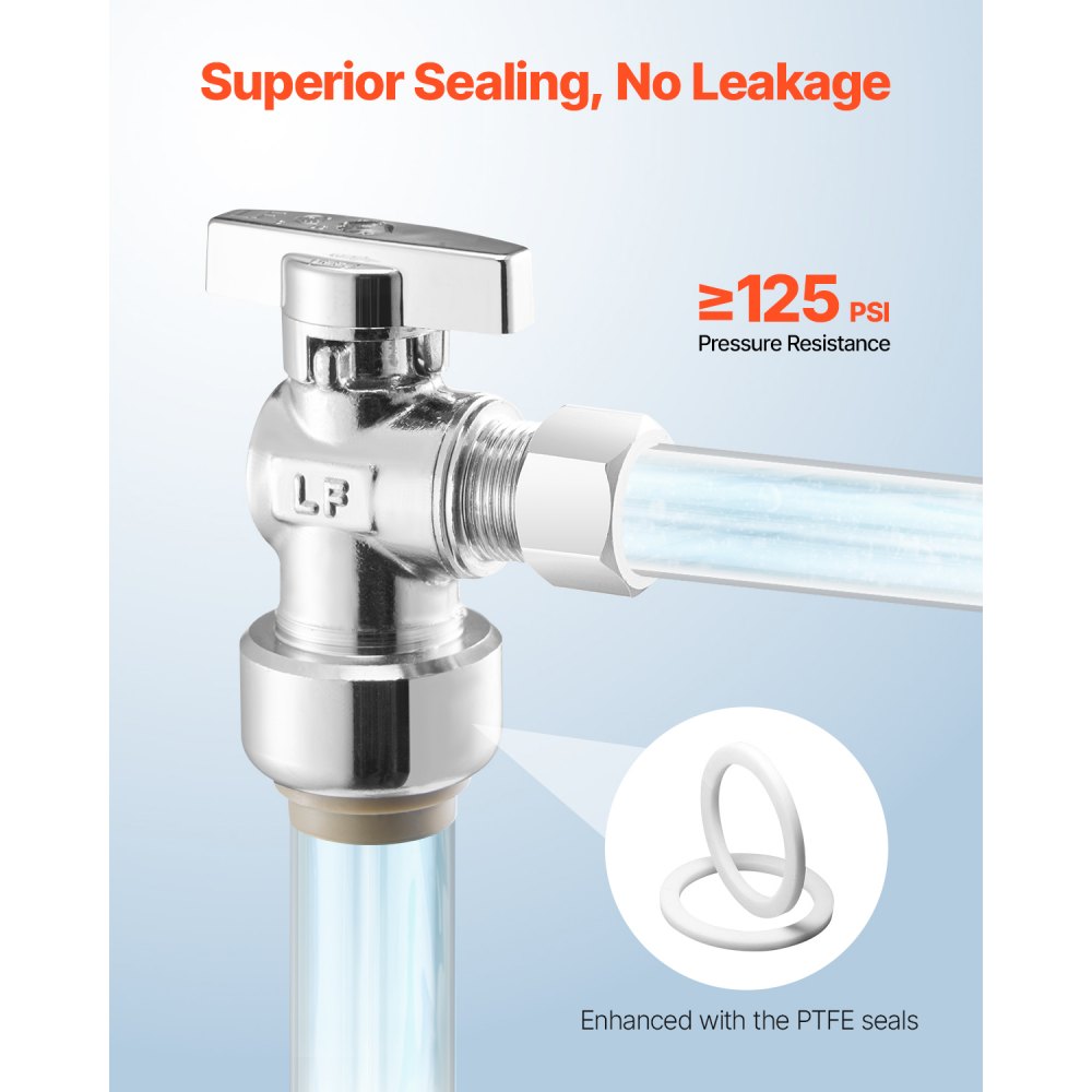 VEVOR 10 Pack Angle Stop Valve, Push-to-Connect Water Shut Off Valve 1/2" PTC x 3/8" OD Compression, 1/4 Turn Chrome