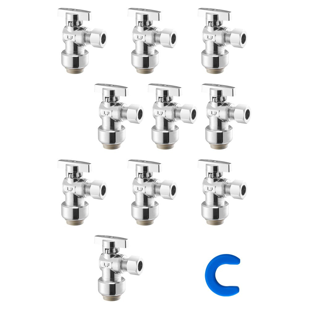 VEVOR 10 Pack Angle Stop Valve, Push-to-Connect Water Shut Off Valve 1/2" PTC x 3/8" OD Compression, 1/4 Turn Chrome