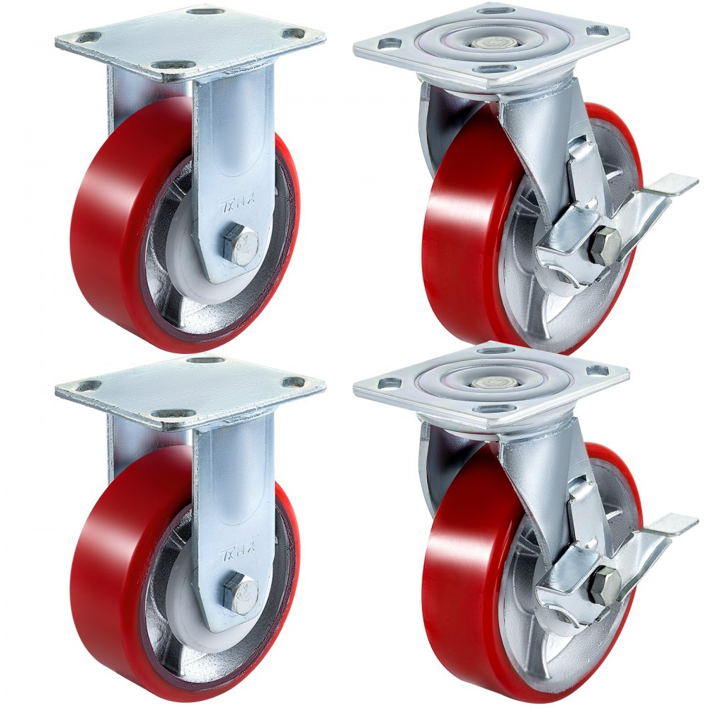 VEVOR 4 Pack 6 x 2 Inch Caster Wheels 2 Rigid and 2 Swivel Casters with Side Brake Polyurethane Iron Core Plate 1000LBS