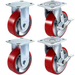 VEVOR 4 Pack 6 x 2 Inch Caster Wheels 2 Rigid and 2 Swivel Casters with Side Brake Polyurethane Iron Core Plate 1000LBS