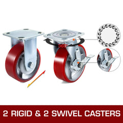 VEVOR 4 Pack 6 x 2 Inch Caster Wheels 2 Rigid and 2 Swivel Casters with Side Brake Polyurethane Iron Core Plate 1000LBS