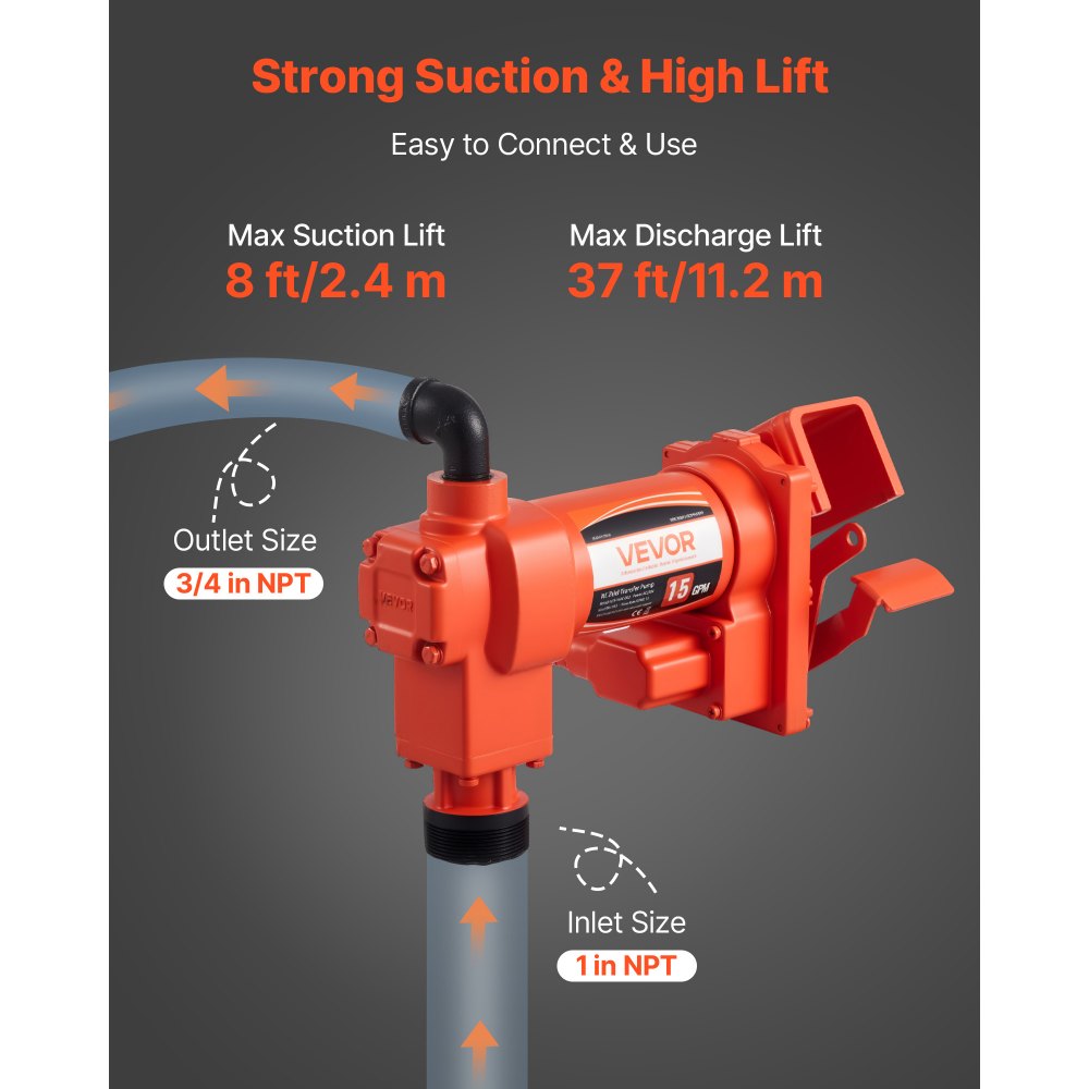 VEVOR Fuel Transfer Pump 110V, 15 GPM 57 L/min, AC Electric Oil Transfer Pump, 8 ft/2.4 m Max Suction Lift, 37 ft/11.28