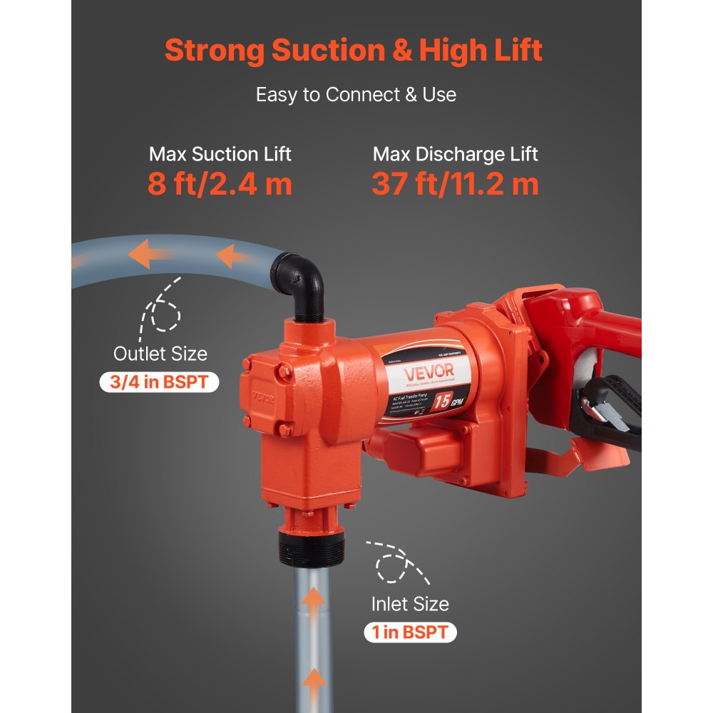 VEVOR Fuel Transfer Pump 110V, 15 GPM 57 L/min, AC Electric Oil Transfer Pump, with Auto Shut-Off Fuel Nozzle &