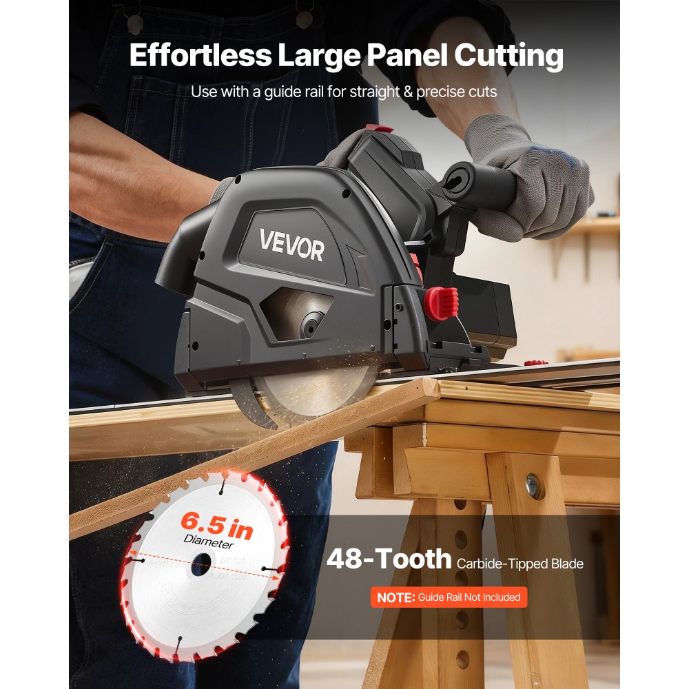VEVOR Track Saw, 6-1/2-Inch, Plunge-Cut Circular Saw Kit, Tracksaw with 48-Tooth Carbide-Tipped Blade, 0-45° Angle