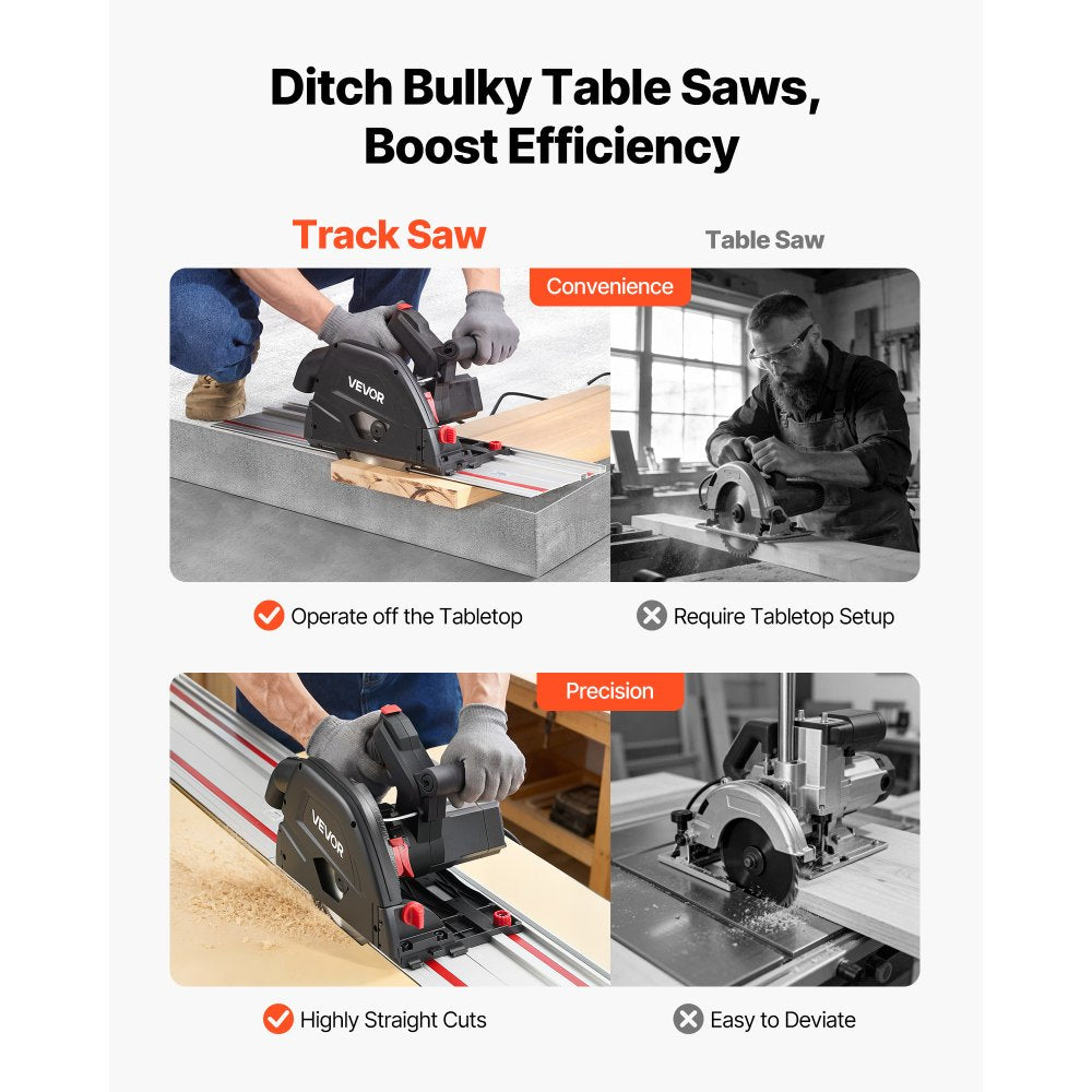 VEVOR Track Saw, 6-1/2-Inch, Plunge-Cut Circular Saw Kit, Tracksaw with 48-Tooth Carbide-Tipped Blade, 0-45° Angle
