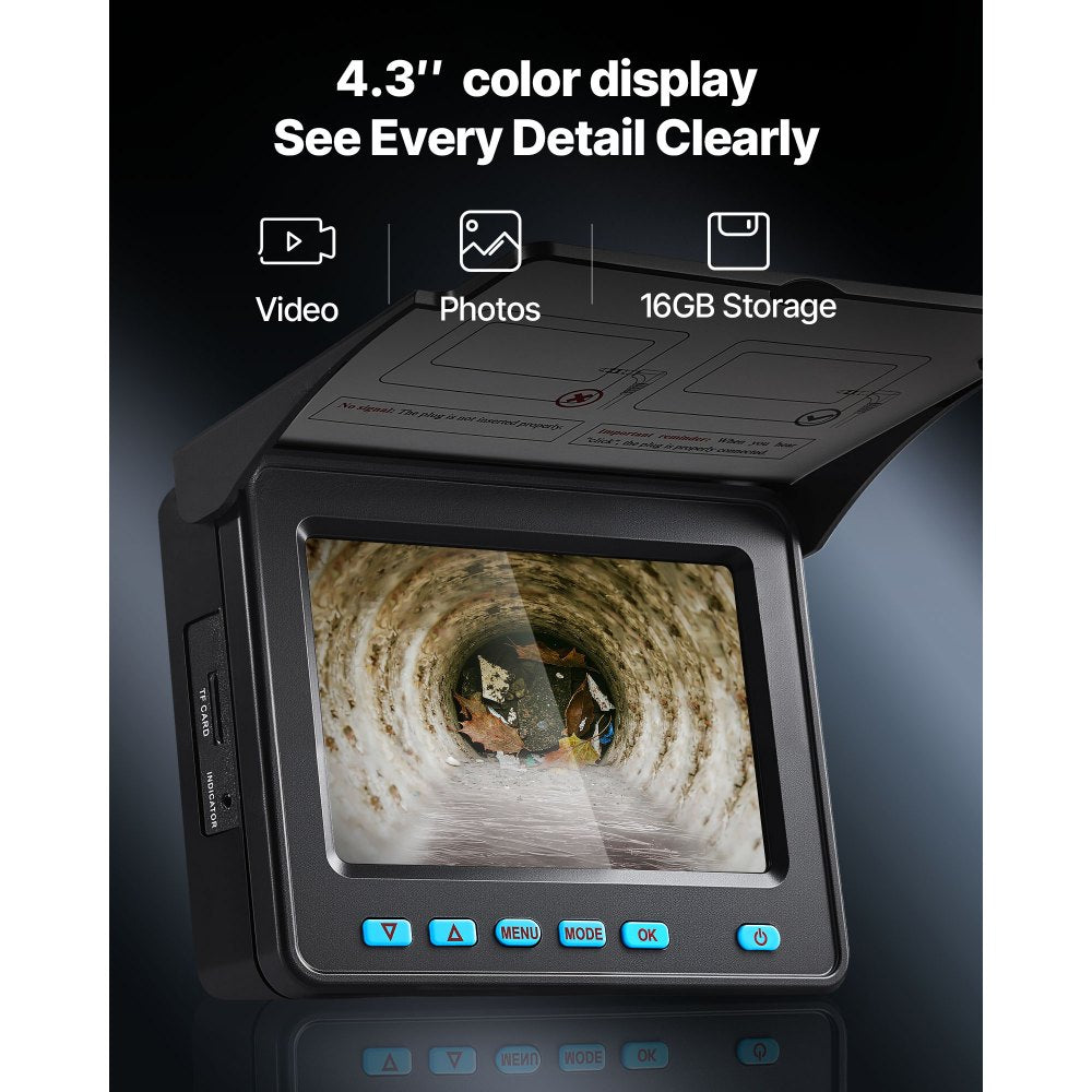 VEVOR Sewer Camera, 98 ft/30m, 4.3" Drain Inspection Camera, IP68 Waterproof Snake Plumbing Camera with Lights - 6