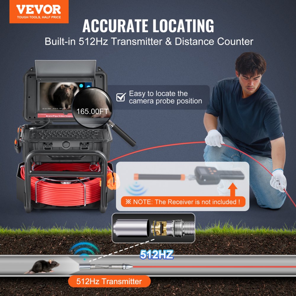 VEVOR Sewer Camera, 165 ft/50m, Self-Leveling Drain Camera with 10.1" Touchscreen, 512Hz Transmitter & Distance