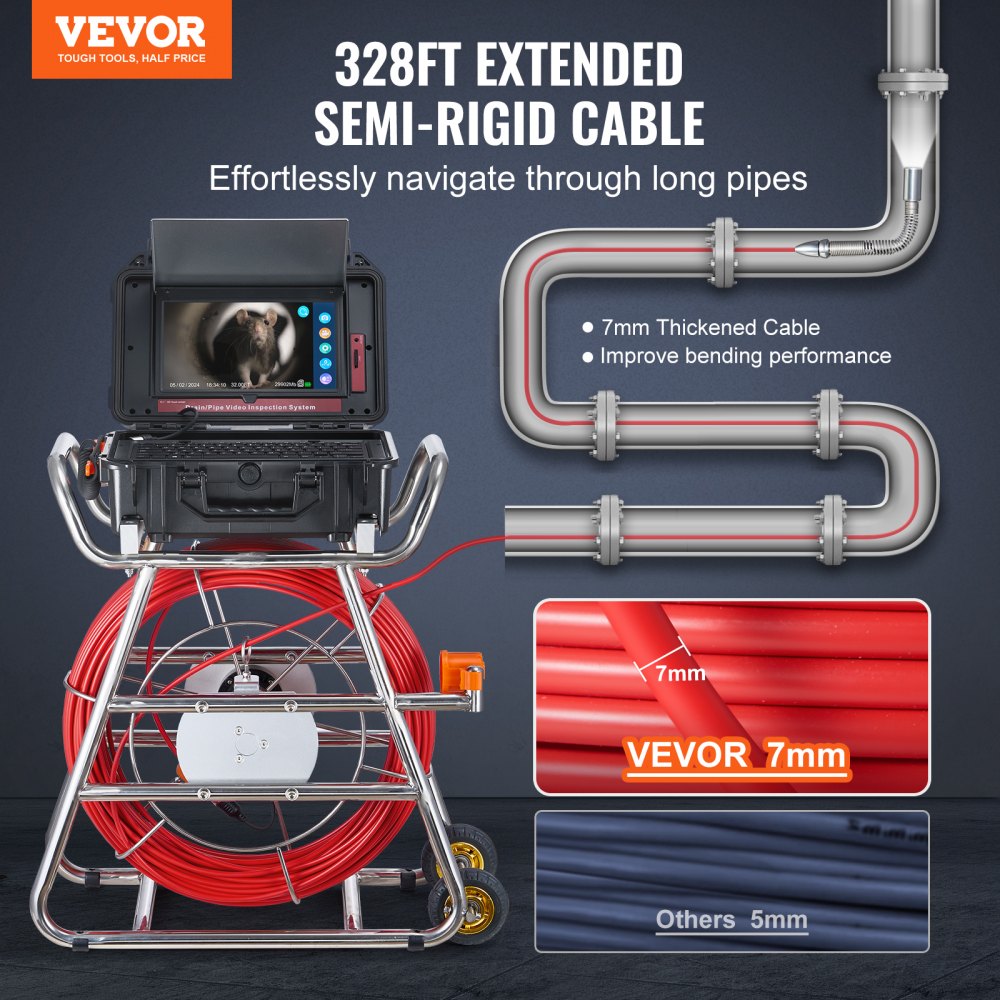 VEVOR Sewer Camera, 328 ft/100m, Self-Leveling Drain Camera with 10.1" Touchscreen, 512Hz Transmitter & Distance