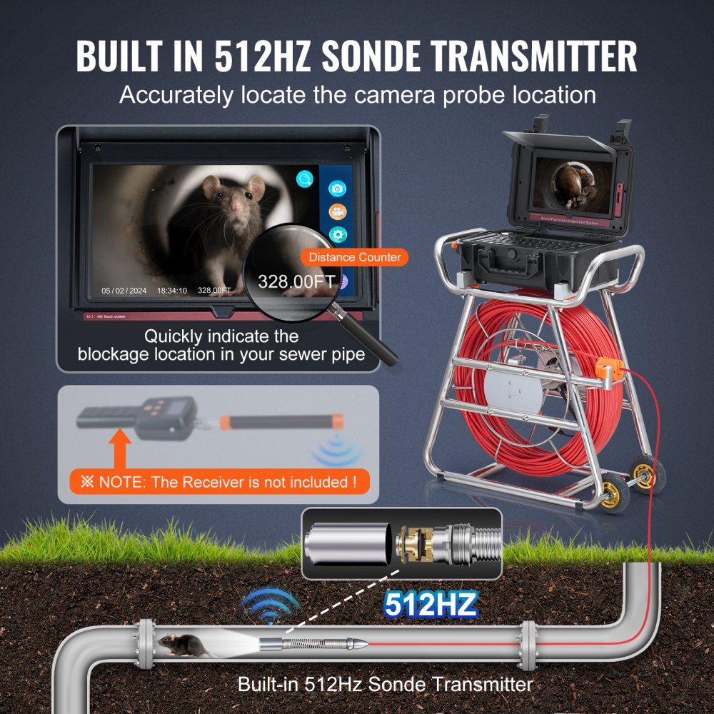 VEVOR Sewer Camera, 328 ft/100m, Self-Leveling Drain Camera with 10.1" Touchscreen, 512Hz Transmitter & Distance