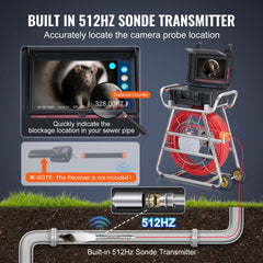 VEVOR Sewer Camera, 328 ft/100m, Self-Leveling Drain Camera with 10.1" Touchscreen, 512Hz Transmitter & Distance
