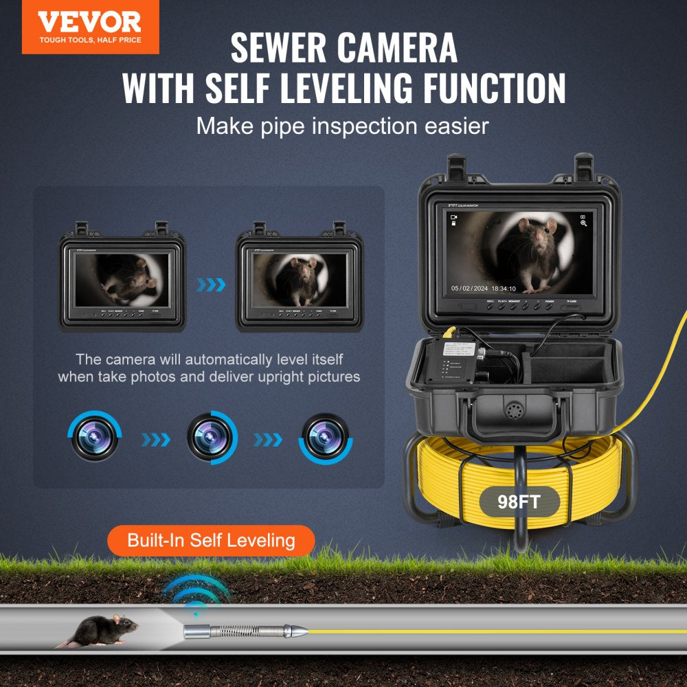 VEVOR Sewer Camera, 98 ft/30m, Self-Leveling Drain Inspection Camera with 9" 1080P HD Screen, 36X Zoom, IP68 Waterproof