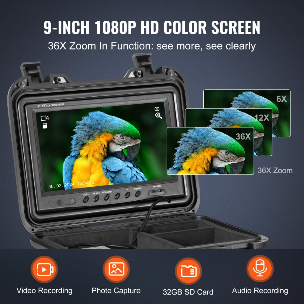 VEVOR Sewer Camera, 165 ft/50m, Self-Leveling Pipeline Inspection Camera with 9" 1080P HD Screen, 36X Zoom, IP68