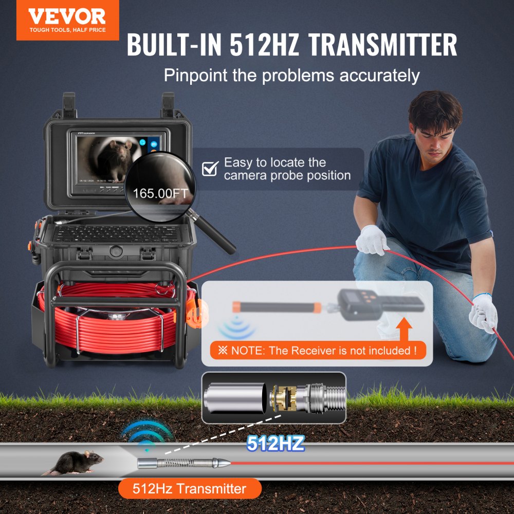 VEVOR Sewer Camera, 165 ft/50m, Self-Leveling Drain Camera with 512Hz Transmitter, Distance Counter, 9" Screen 1080P HD