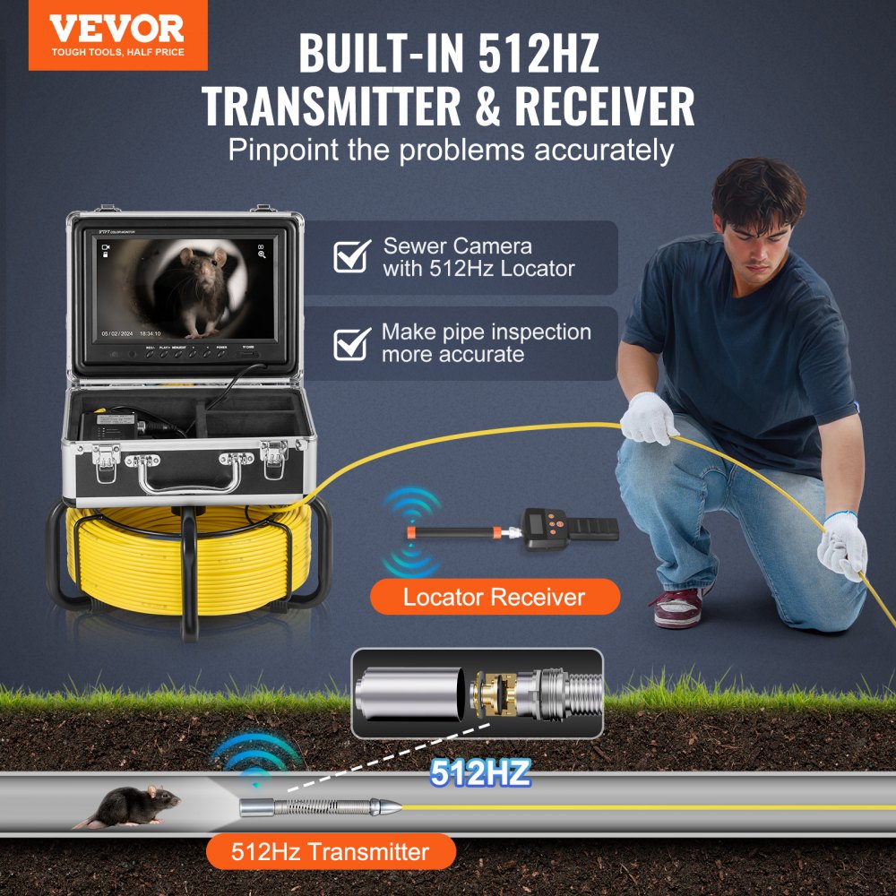 VEVOR Sewer Camera with 512Hz Locator,165 ft/50 m, Self-Leveling Drain Inspection Camera with 9" 1080P HD Screen, 36X