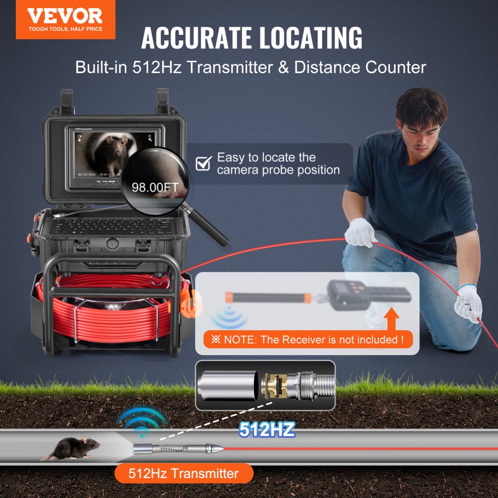 VEVOR Sewer Camera, 98 ft/30m, Self-Leveling Drain Camera with 512Hz Transmitter, Distance Counter, 9" Screen 1080P HD
