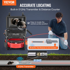 VEVOR Sewer Camera, 98 ft/30m, Self-Leveling Drain Camera with 512Hz Transmitter, Distance Counter, 9" Screen 1080P HD